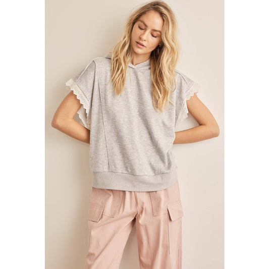 LOOSE FIT HOODED TERRY SWEATSHIRT WITH LACE: HT. GREY