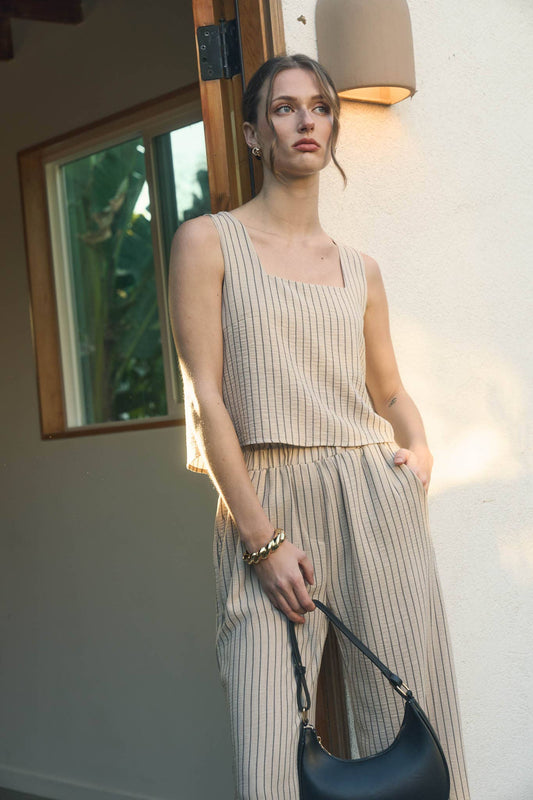 PINSTRIPE SLEEVELESS TANK AND WIDE LEG PANT SET: LIGHT KHAKI