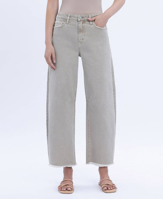 SUPER HIGH RISE FRAYED HEM WIDE BARREL LEG JEANS | CINDER