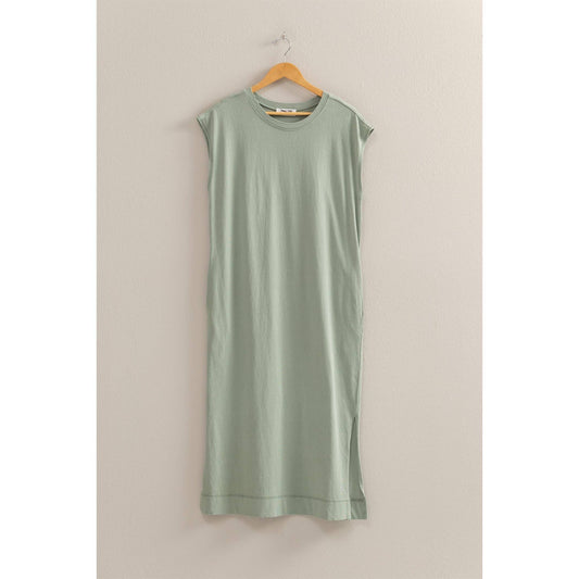 Casual Sleeveless Midi Dress With Pockets: SAGE GREEN