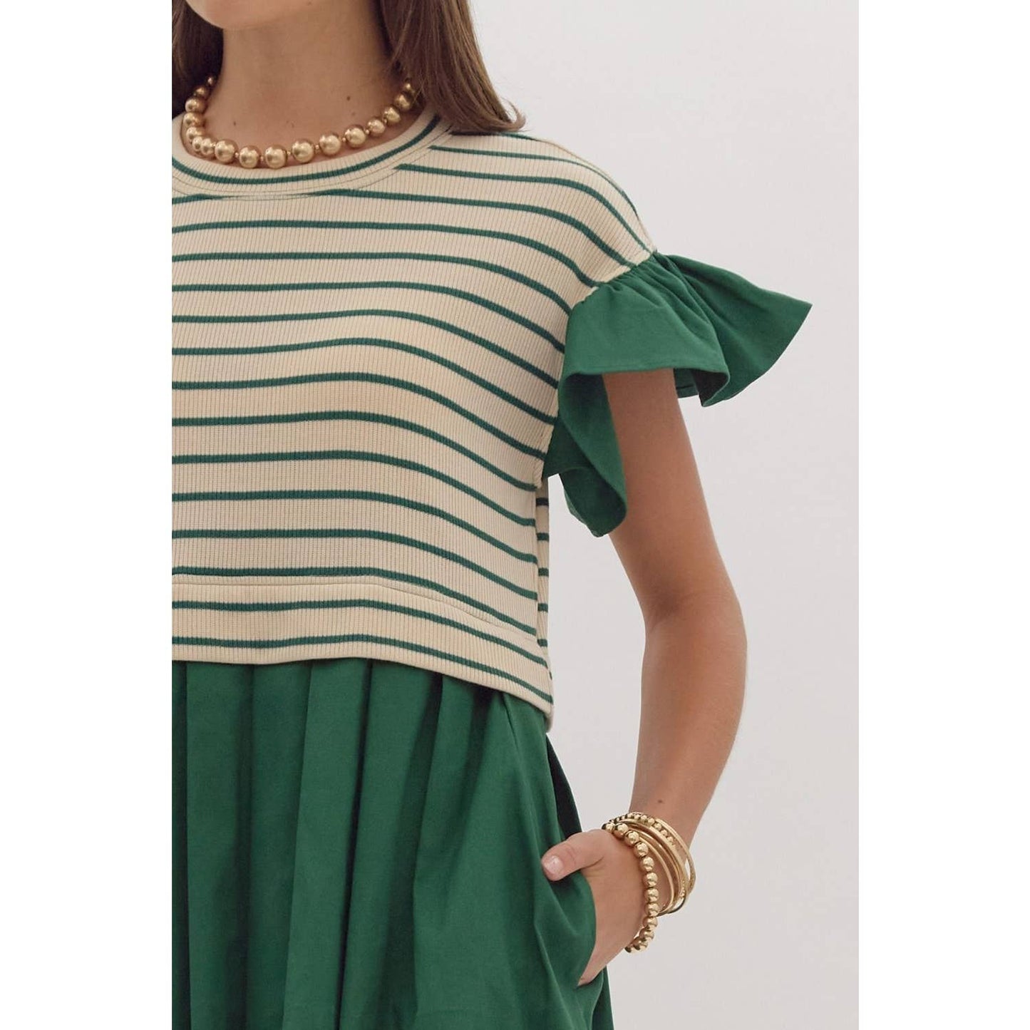 Stripe ruffle sleeve twofer pleated mini dress