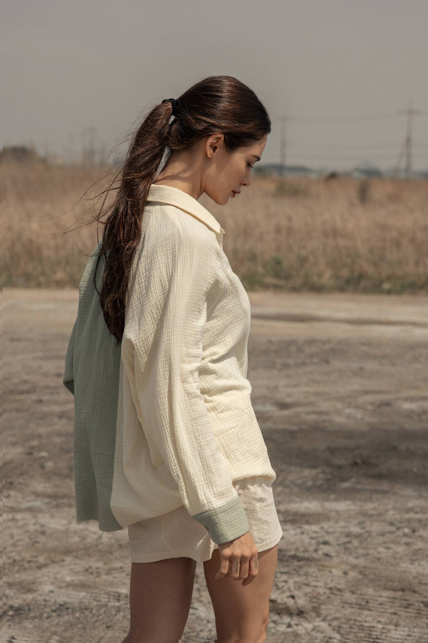 Color Block Button Down Shirt with Lace Pocket