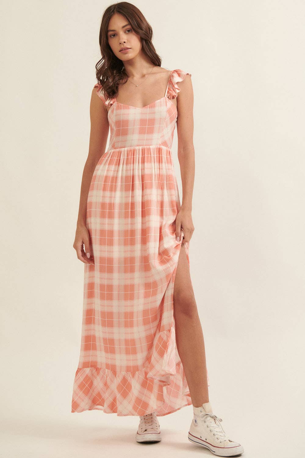 Plaid Sweetheart Sleeveless Open Back Maxi Dress: Sand