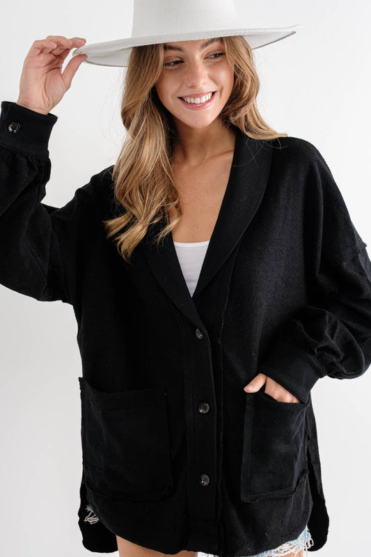 Raw Edge Vintage Side Slit Oversized Blazer Jacket: BLACK