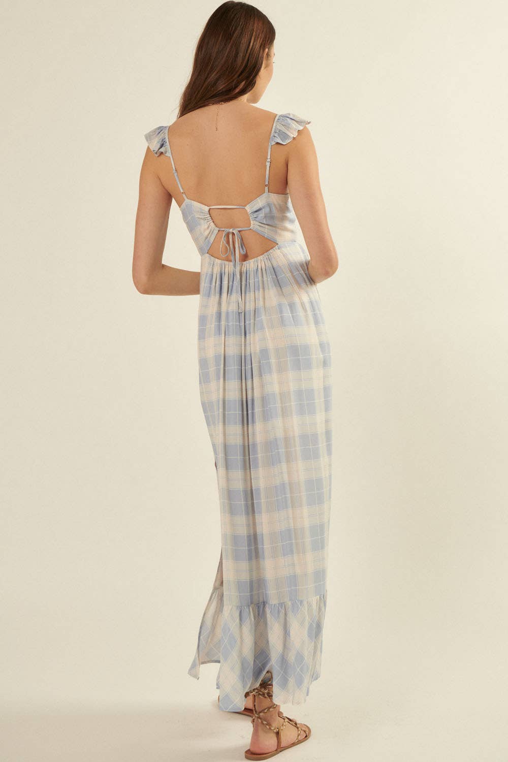 Plaid Sweetheart Sleeveless Open Back Maxi Dress: Sand