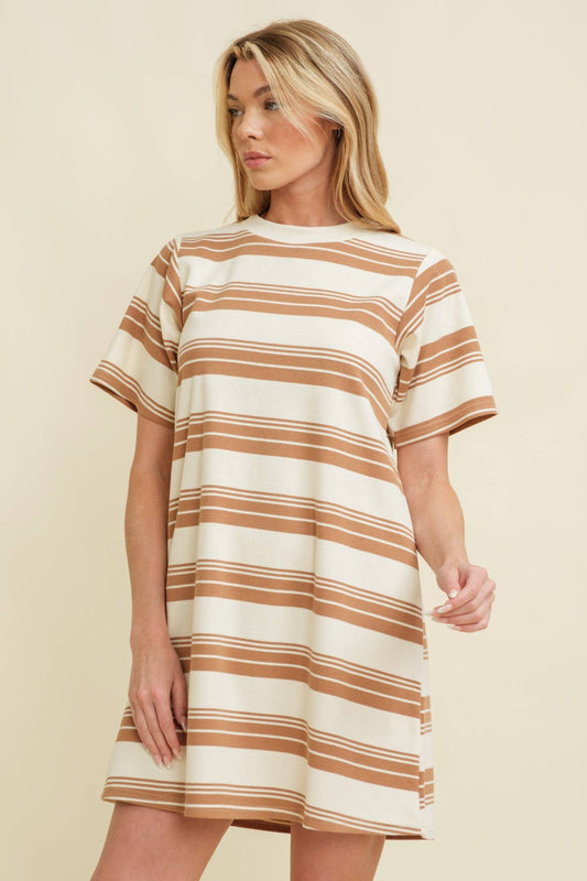 STRIPED SHORT SLEEVE MIDI DRESS