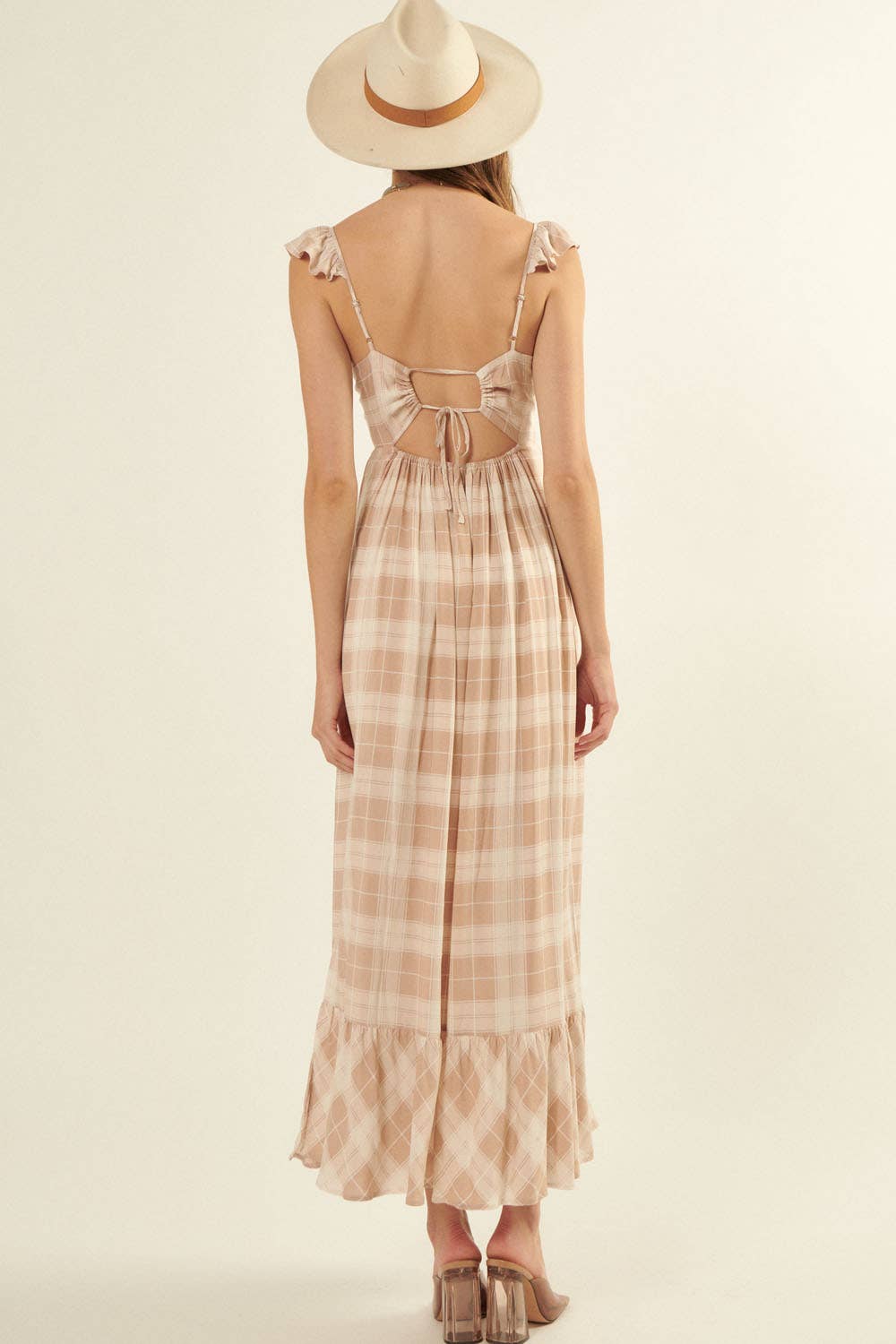 Plaid Sweetheart Sleeveless Open Back Maxi Dress: Sand