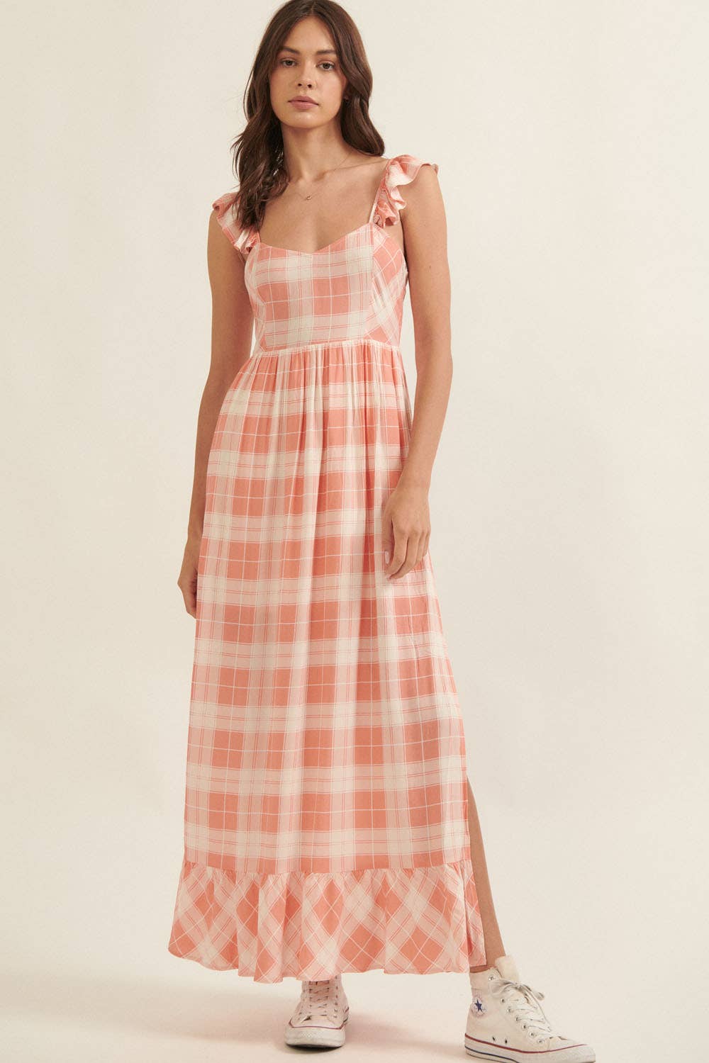 Plaid Sweetheart Sleeveless Open Back Maxi Dress: Sand