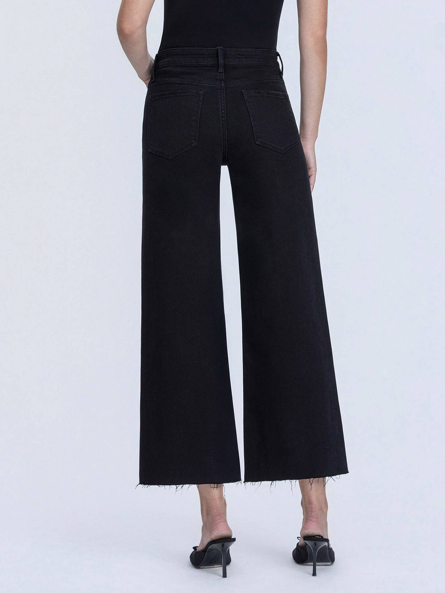 LOVERVET HIGH RISE RAW HEM CROP JET BLACK WIDE LEG JEANS.