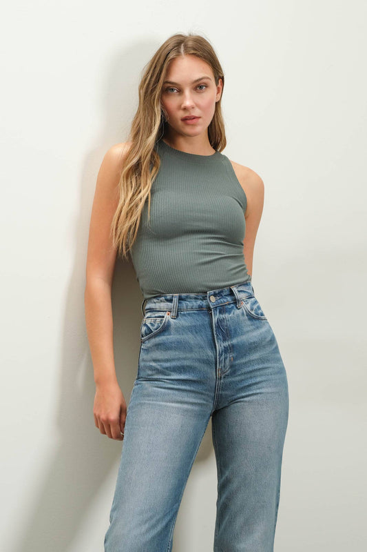 FITTED SWEATER KNIT TANK TOP: DARK GREEN