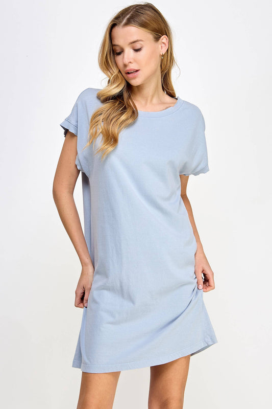Mineral Washed Short Sleeve Mini Dress: VINTAGE OCEAN BLUE