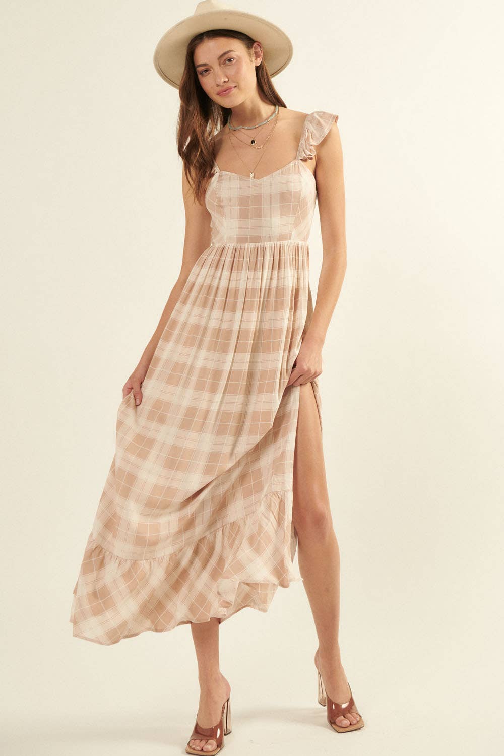 Plaid Sweetheart Sleeveless Open Back Maxi Dress: Sand