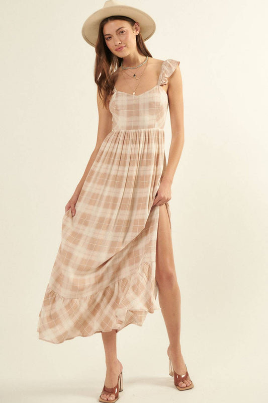 Plaid Sweetheart Sleeveless Open Back Maxi Dress: Sand