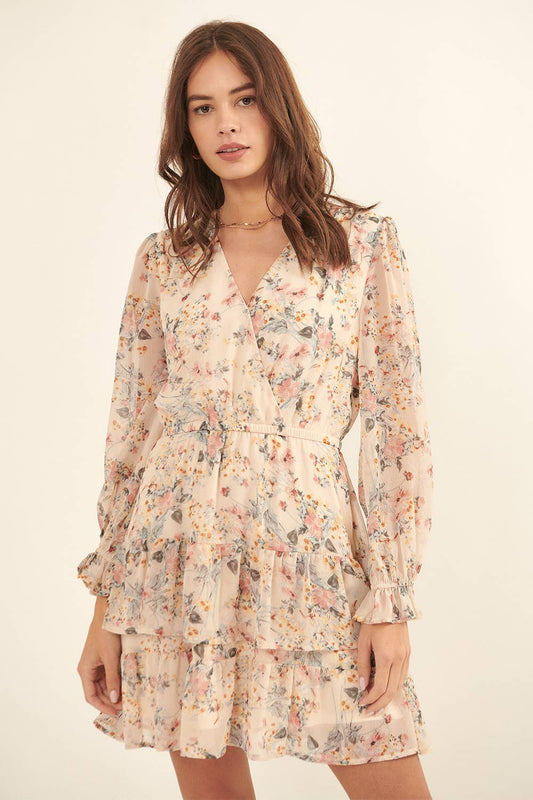 Floral Surplice Neck Tier Ruffle Layer Mini Dress: Cream