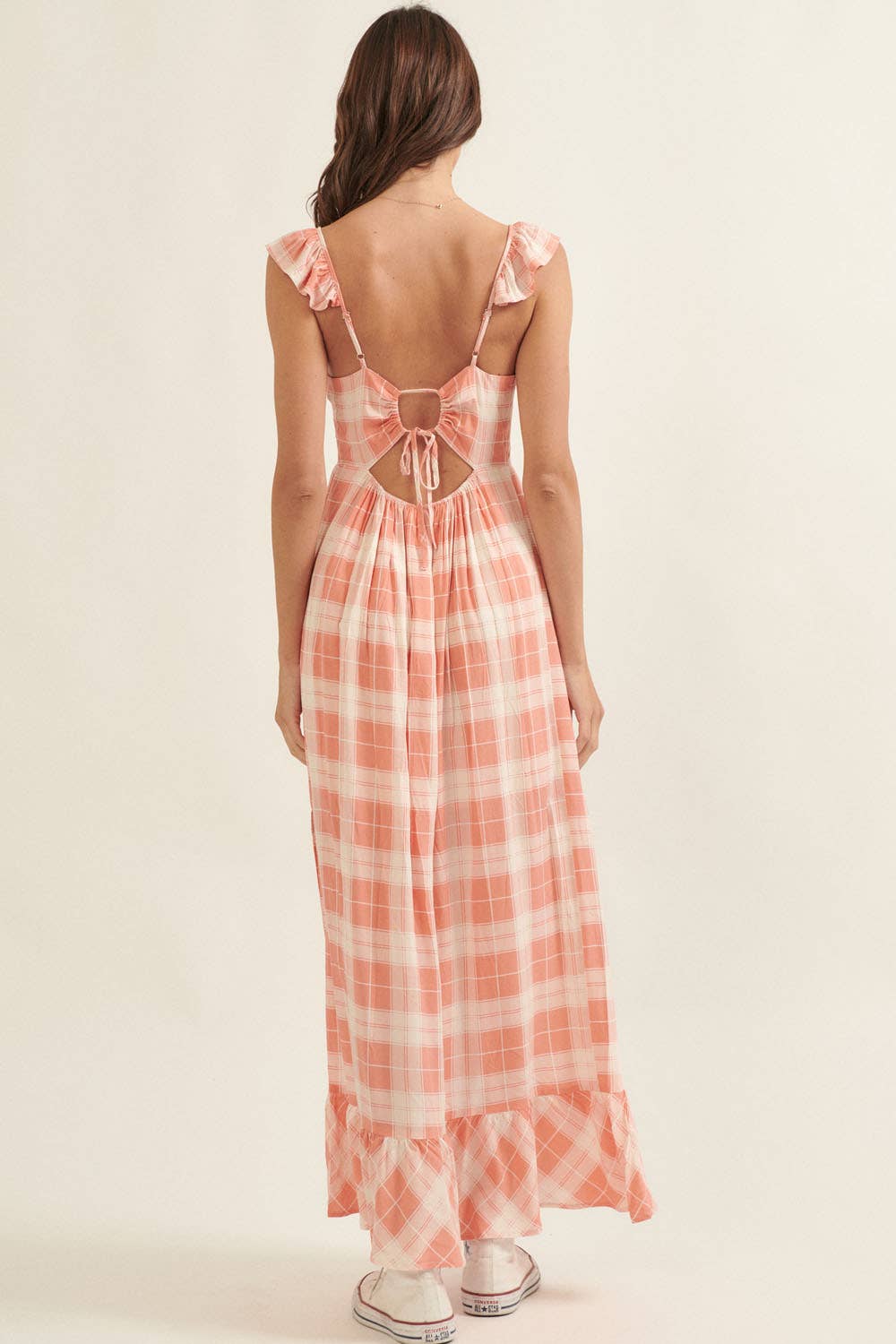 Plaid Sweetheart Sleeveless Open Back Maxi Dress: Sand