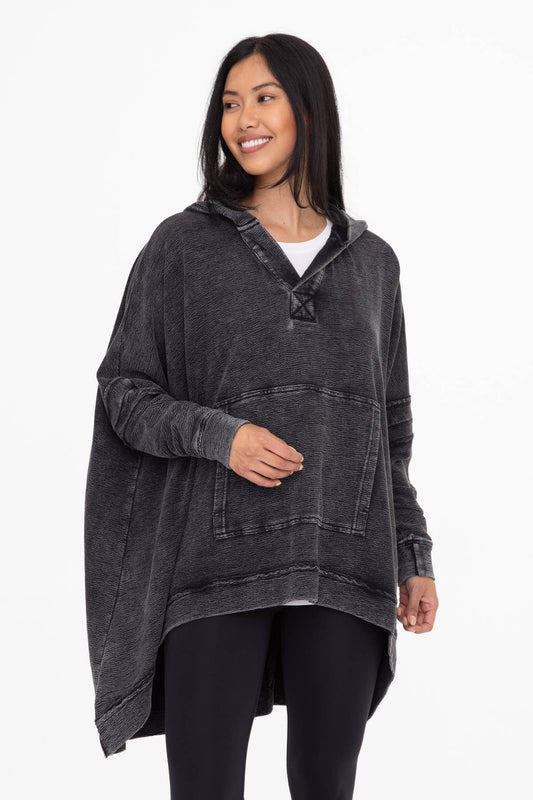 Oversized Cotton Poncho with Hood: BLACK