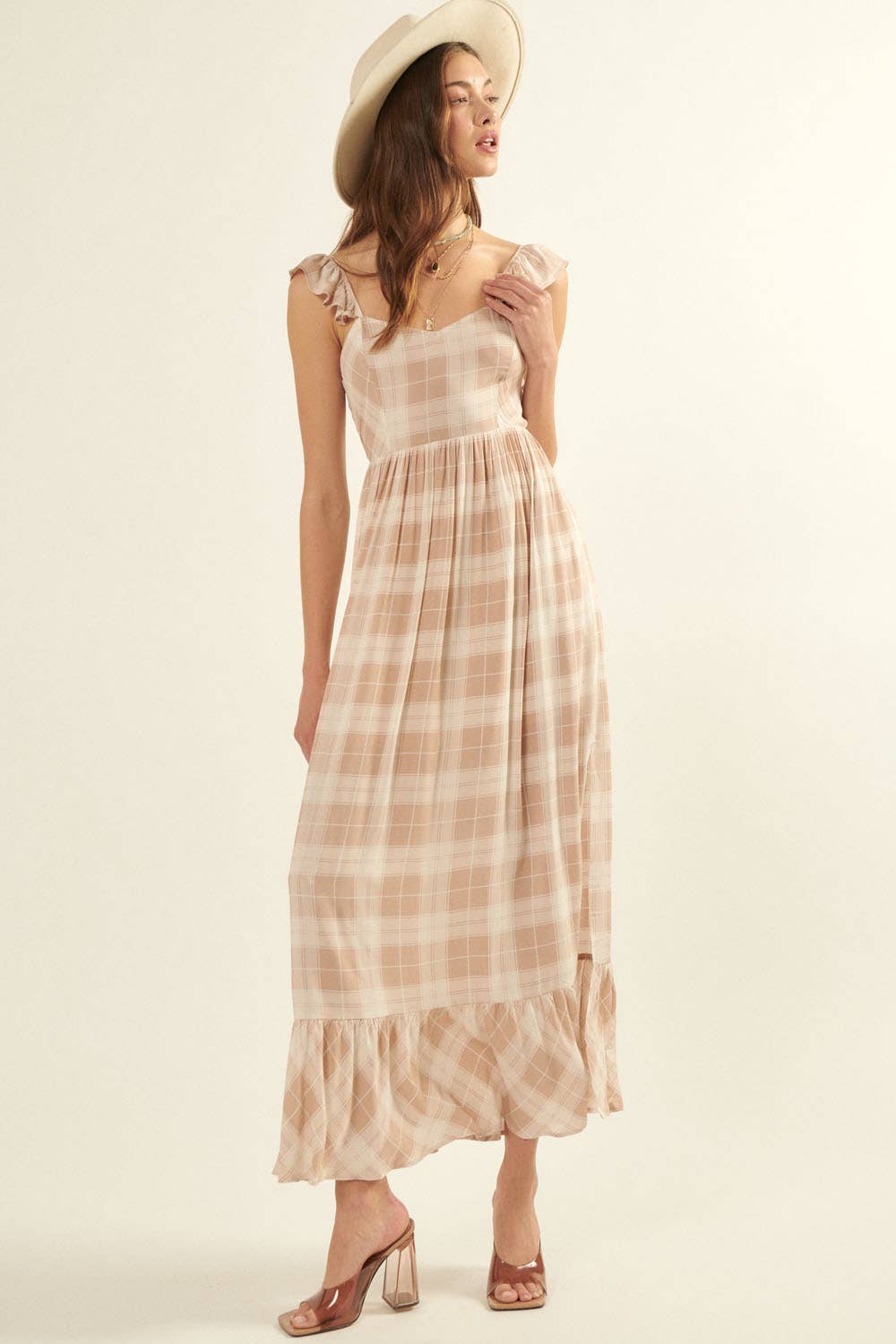 Plaid Sweetheart Sleeveless Open Back Maxi Dress: Sand