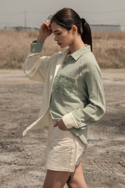 Color Block Button Down Shirt with Lace Pocket