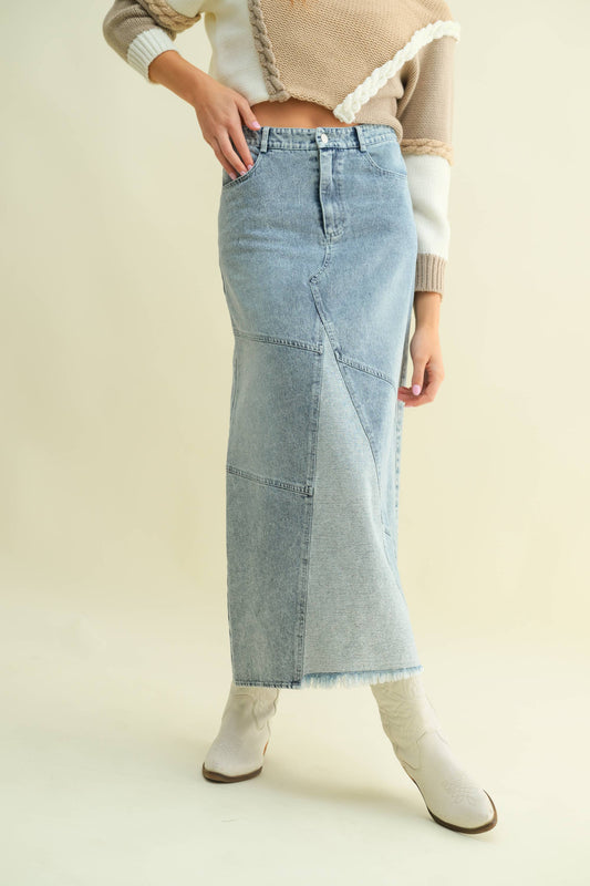 MAXI DENIM SKIRT W/ CONTRAST WASH