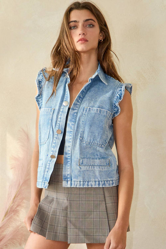 Ruffle-Adorned Denim Vest: DENIM