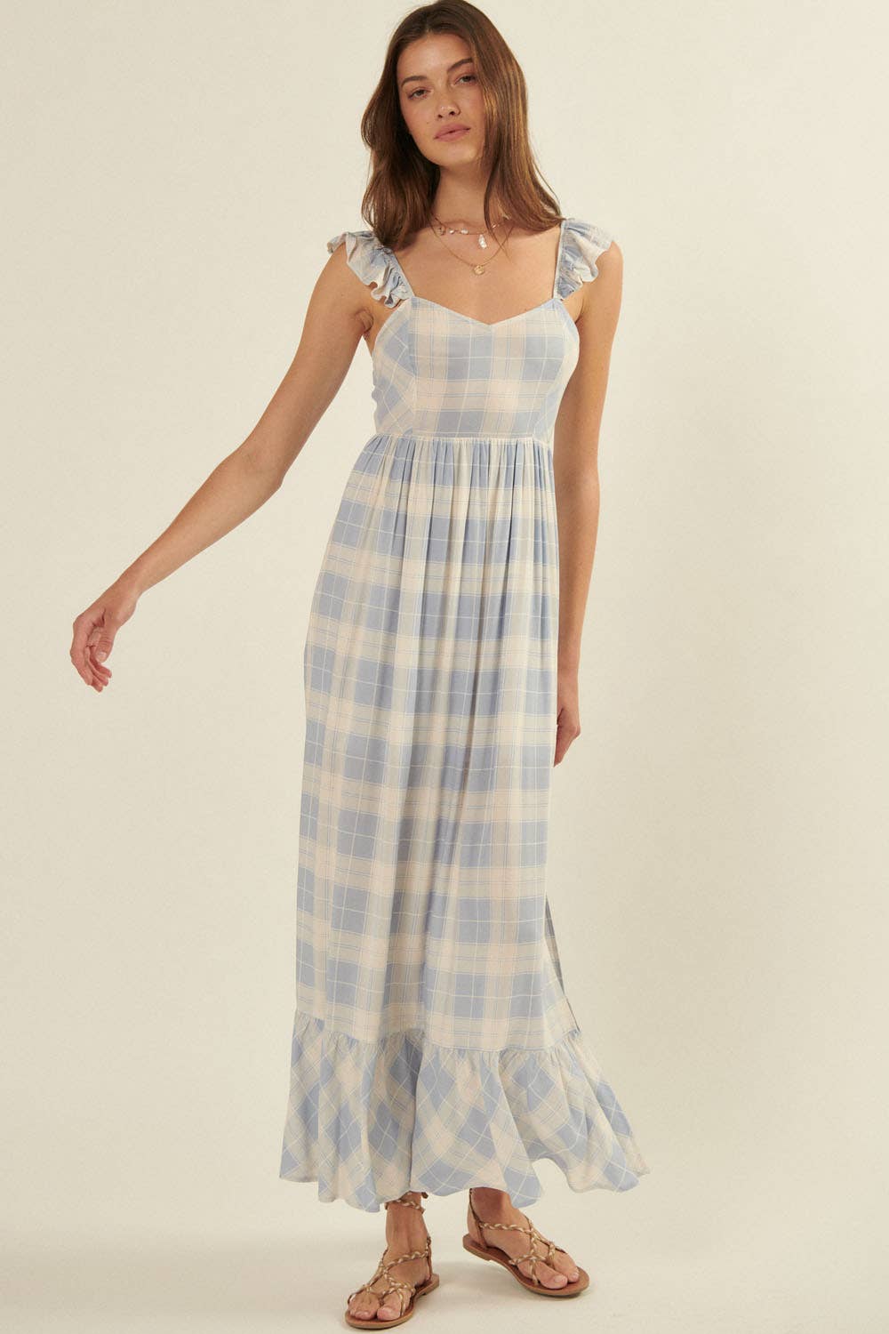 Plaid Sweetheart Sleeveless Open Back Maxi Dress: Sand