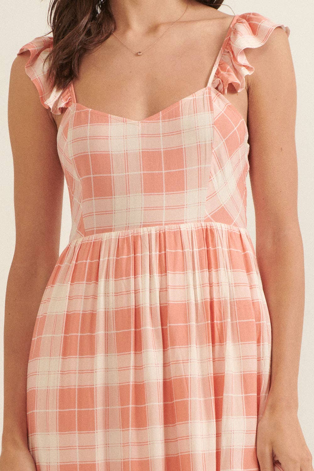 Plaid Sweetheart Sleeveless Open Back Maxi Dress: Sand