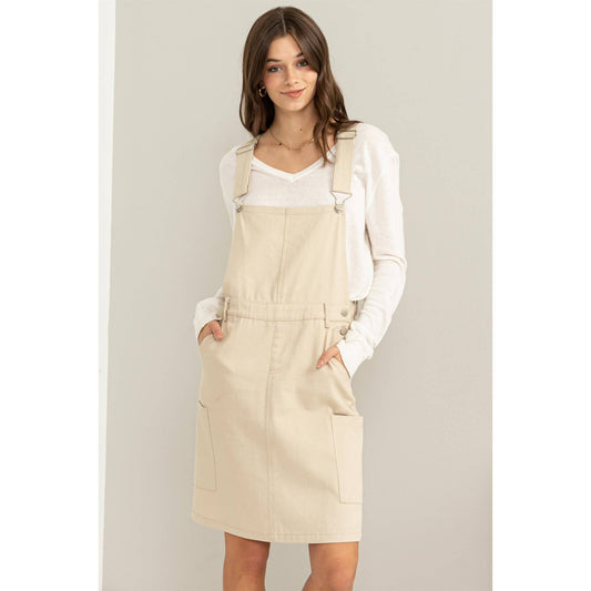 BUTTONED OVERALL DRESS: BEIGE
