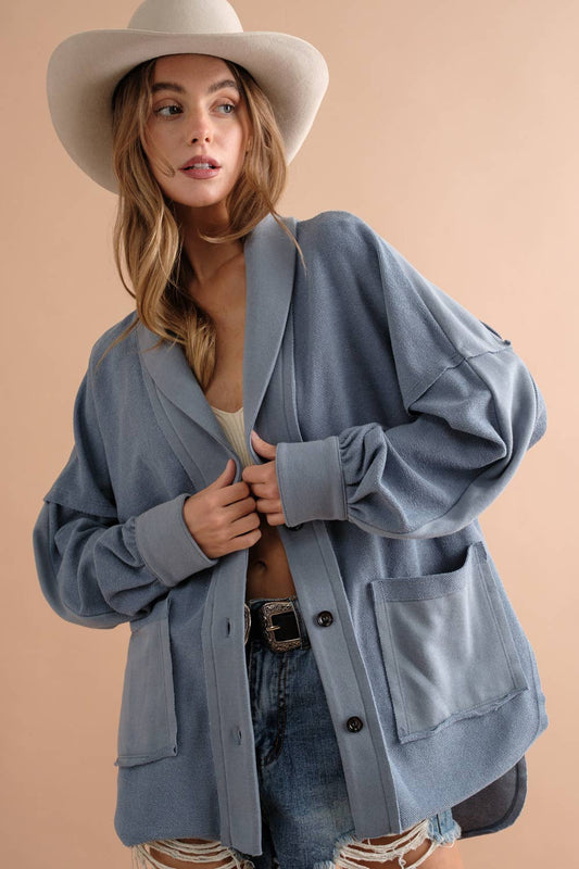 Raw Edge Vintage Side Slit Oversized Blazer Jacket: LIGHT DENIM