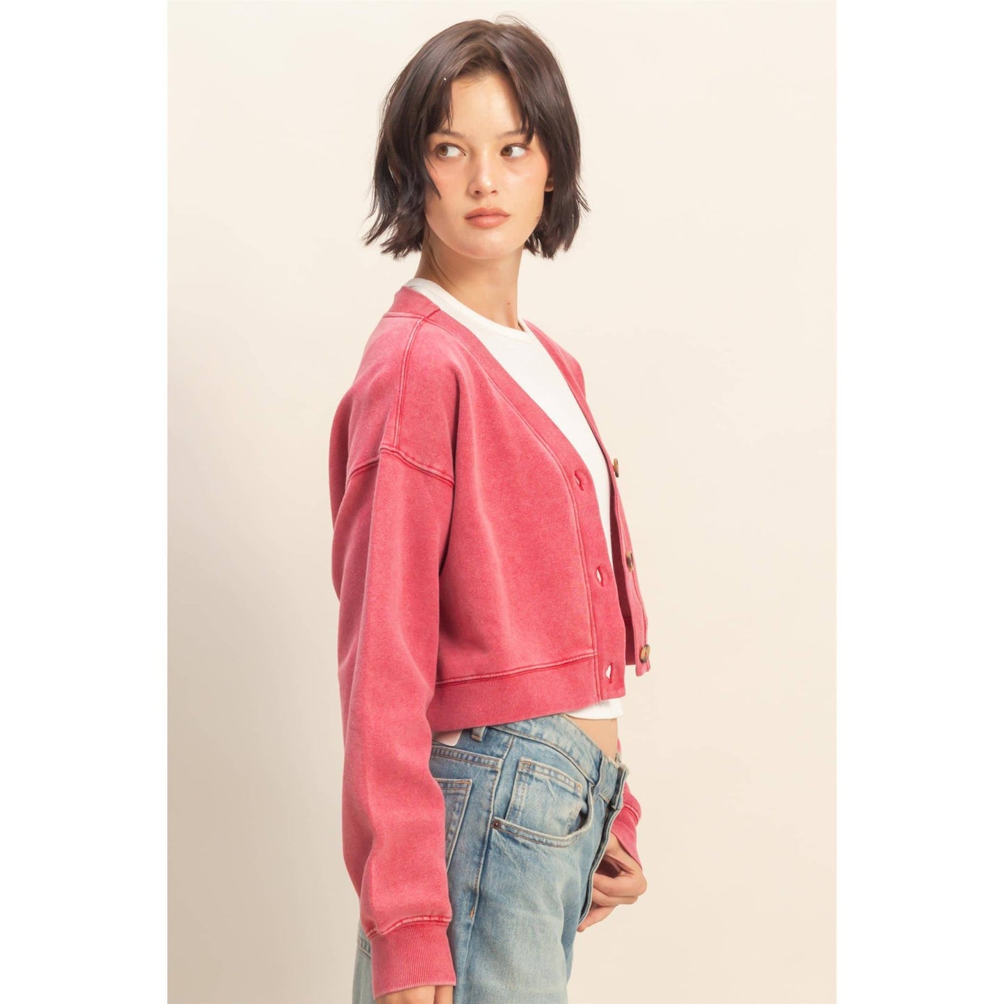 Washed French Terry Cropped Cardigan: DARK TAUPE