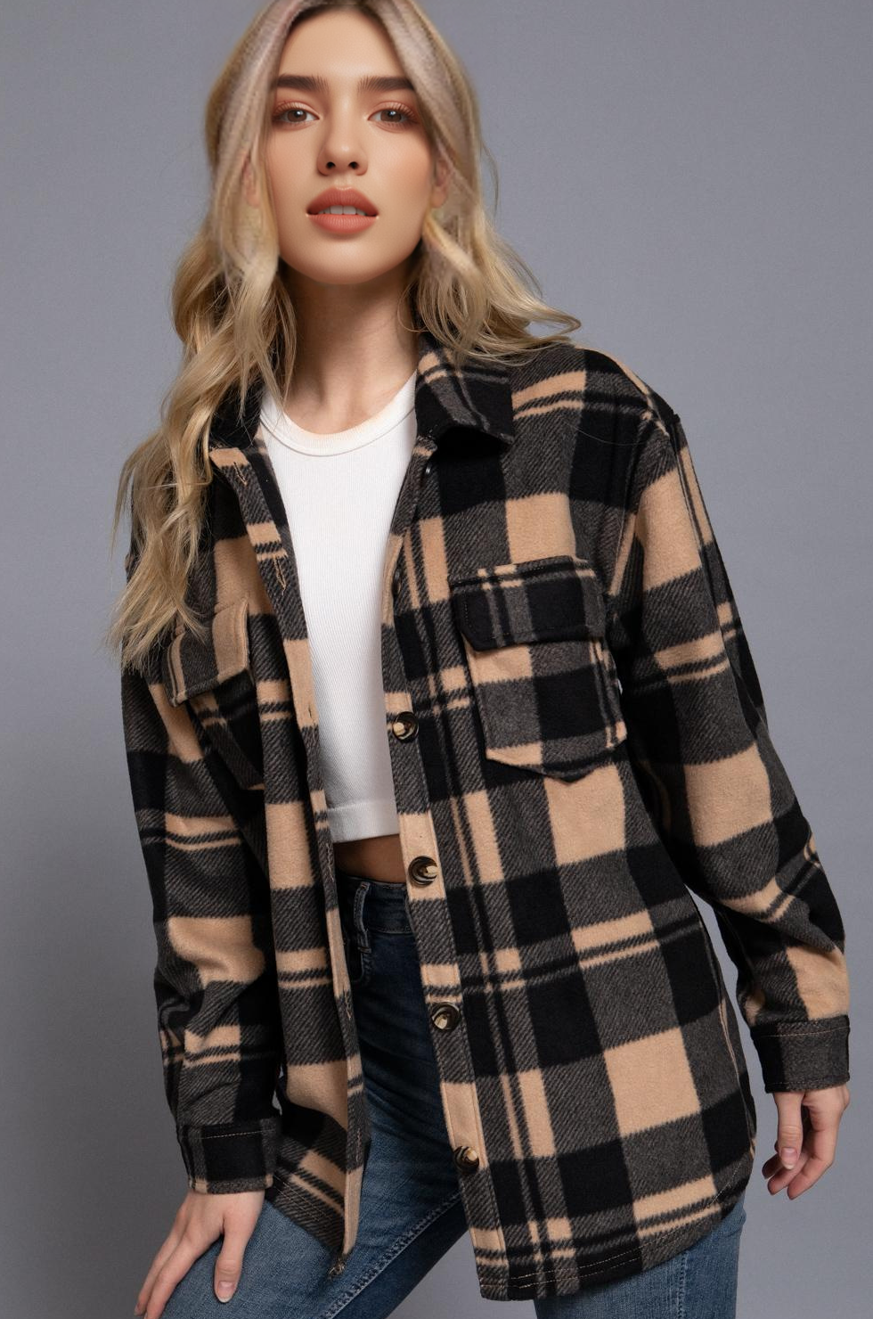 Long Sleeve Check Printed Fleece Shacket | TAUPE BLACK