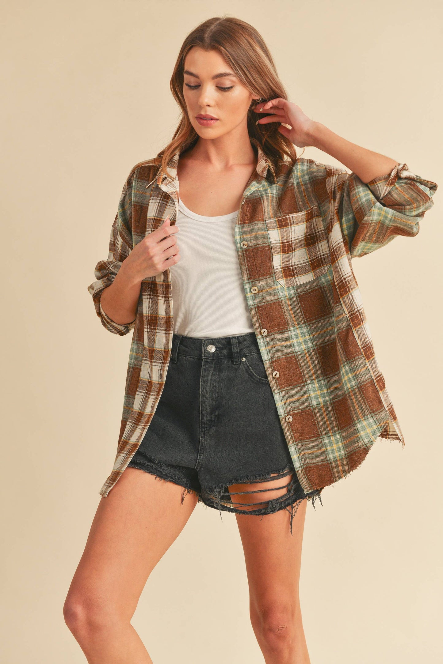 Noelle Shirt: Brown/White/Sage