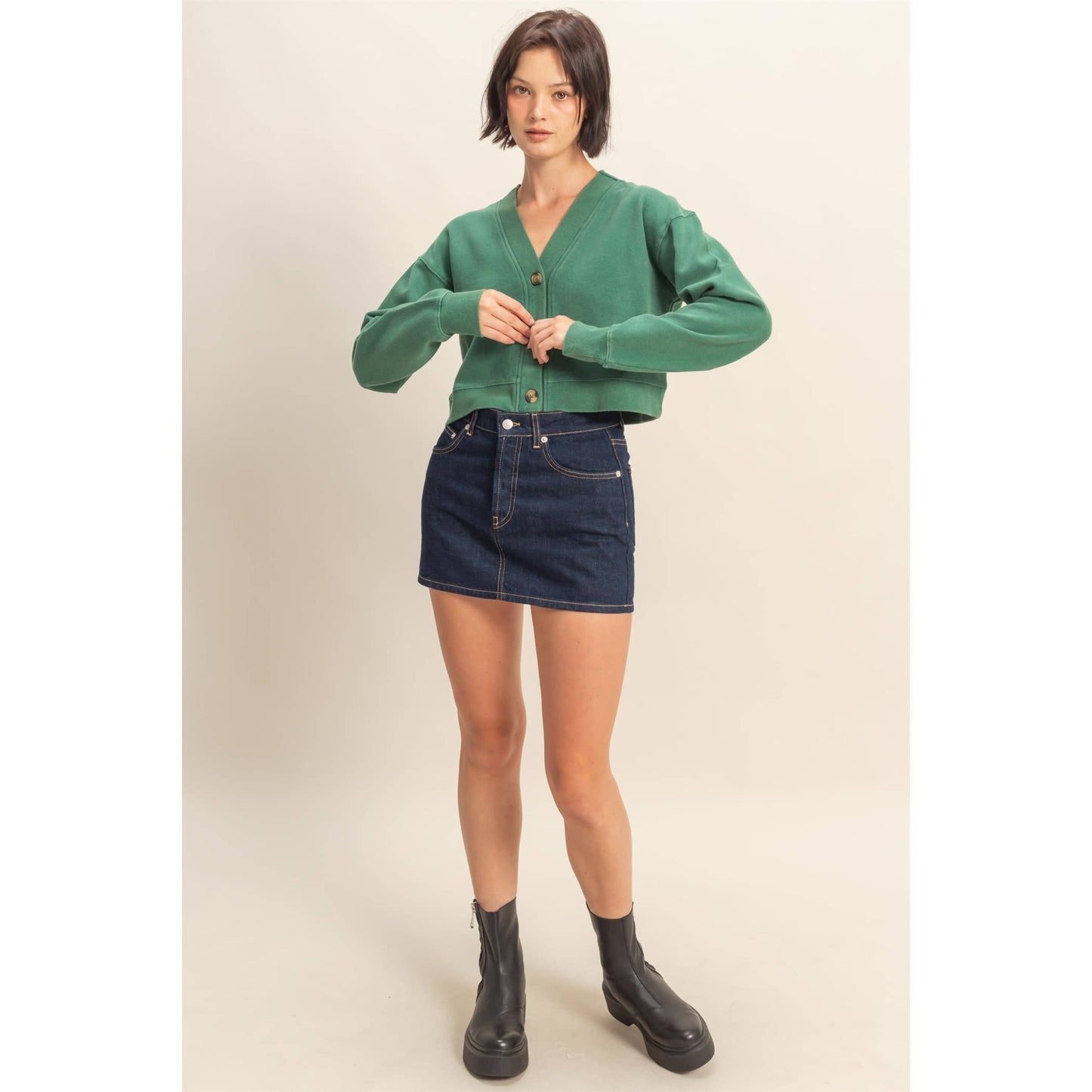 Washed French Terry Cropped Cardigan: DARK TAUPE