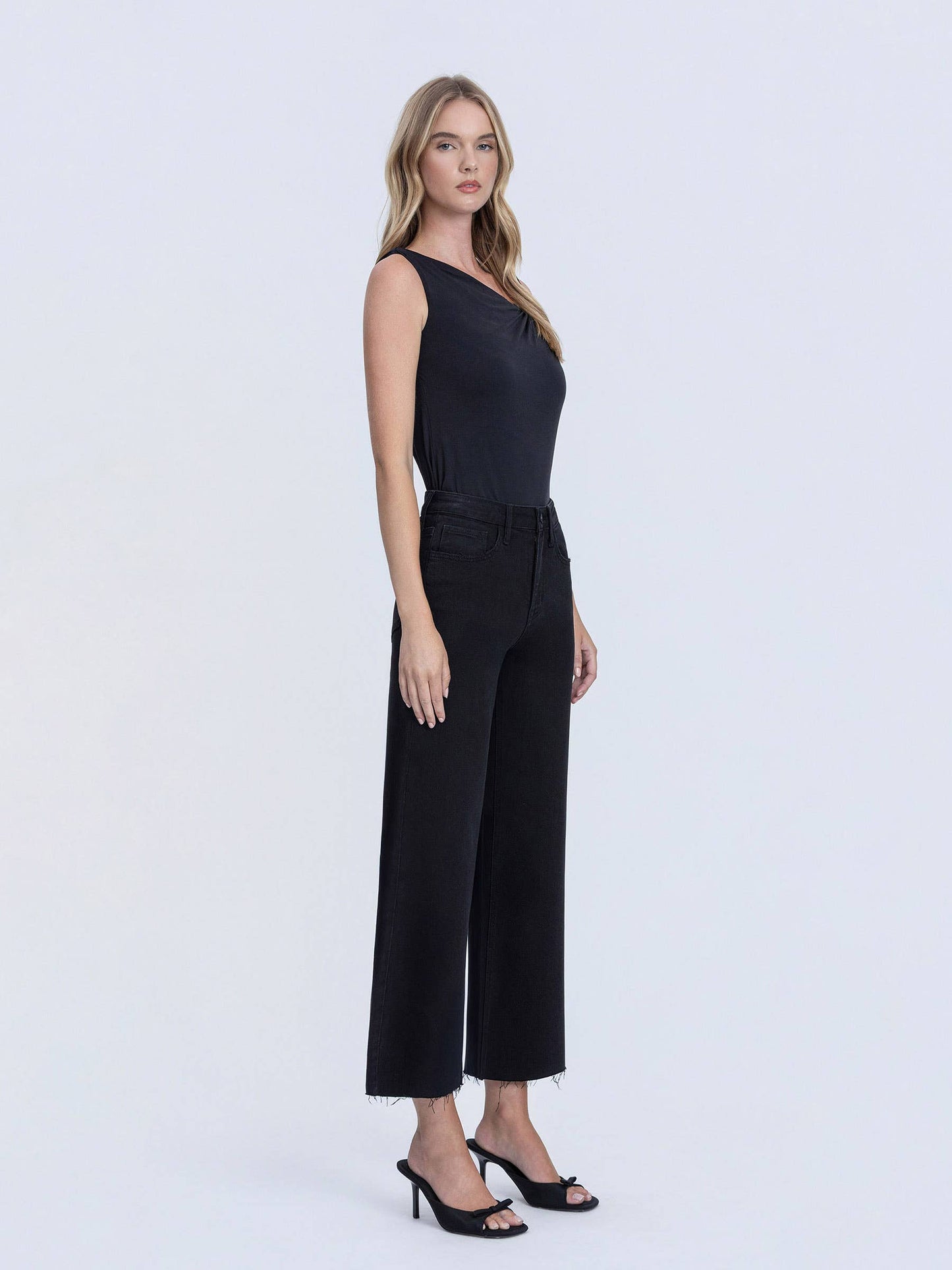LOVERVET HIGH RISE RAW HEM CROP JET BLACK WIDE LEG JEANS.