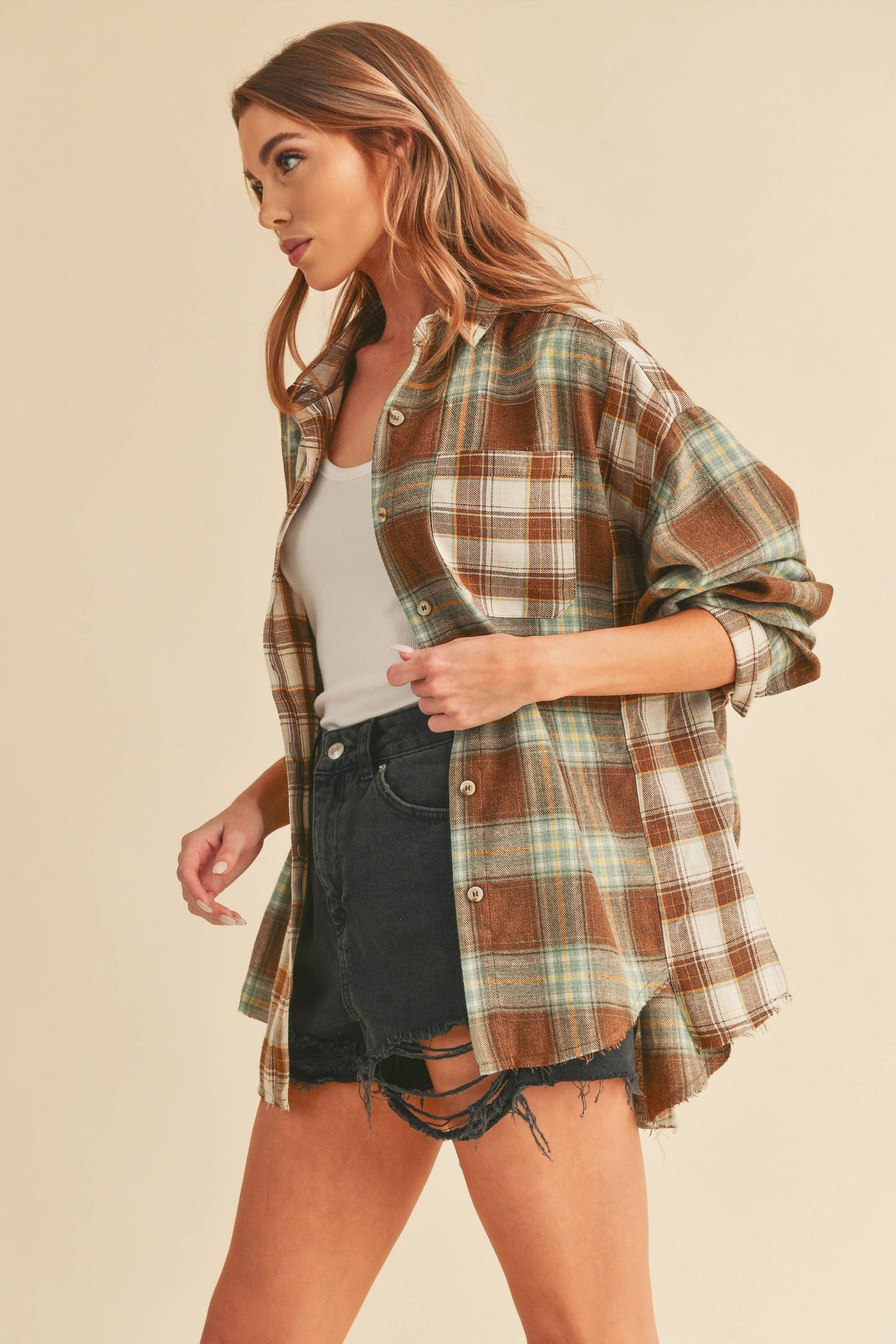 Noelle Shirt: Brown/White/Sage