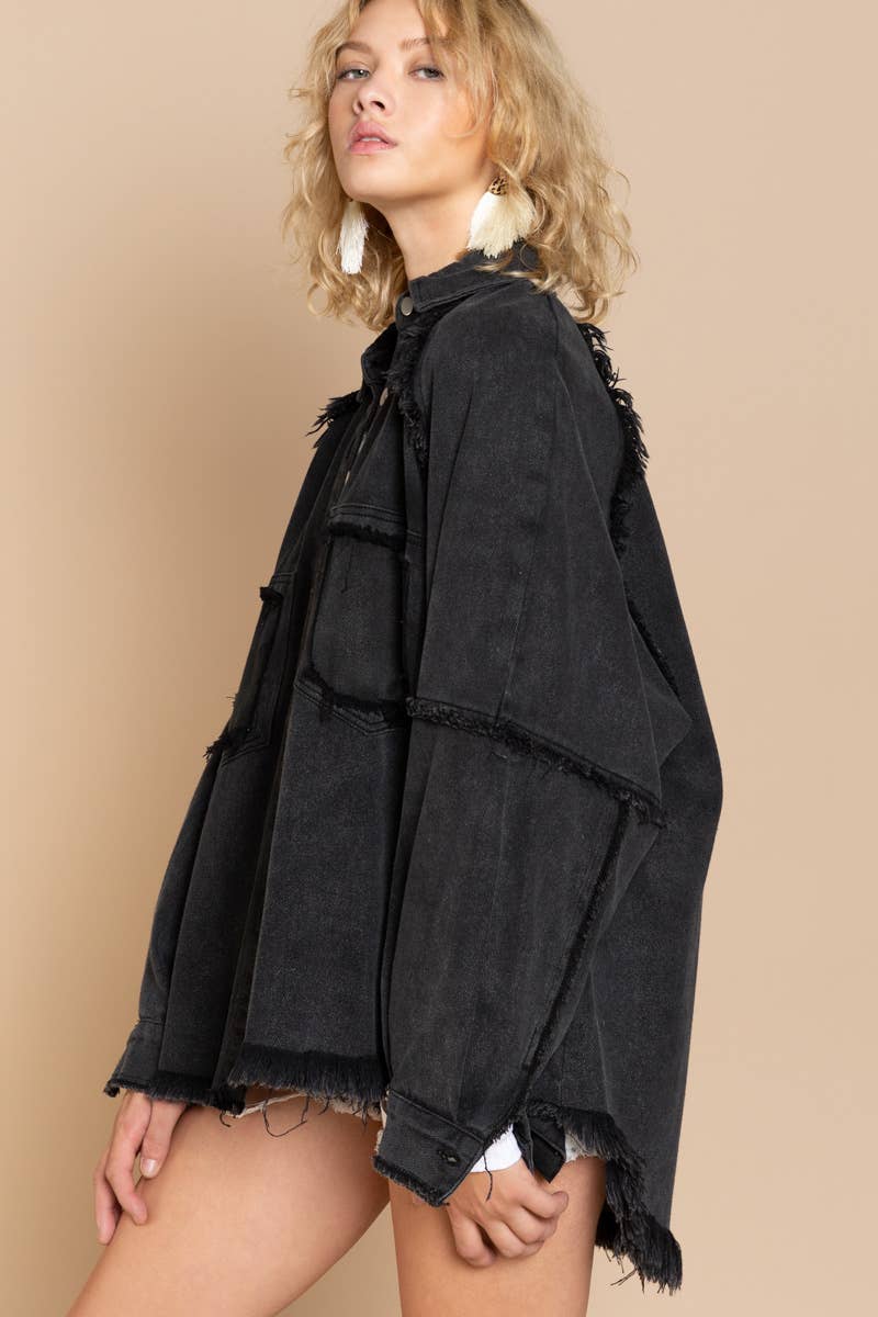 Oversized Twill Raglan Sleeve Jacket | BLACK