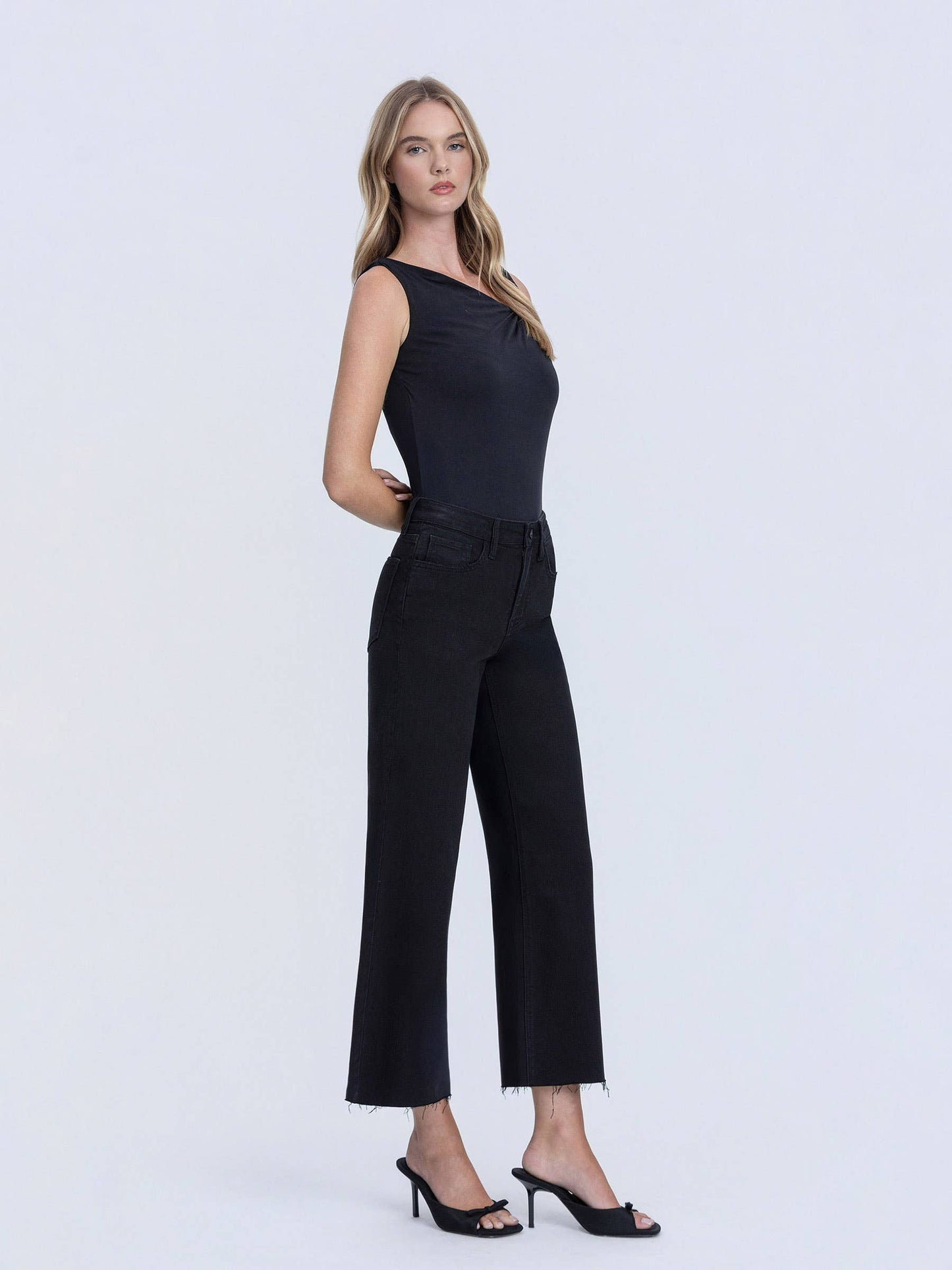 LOVERVET HIGH RISE RAW HEM CROP JET BLACK WIDE LEG JEANS.
