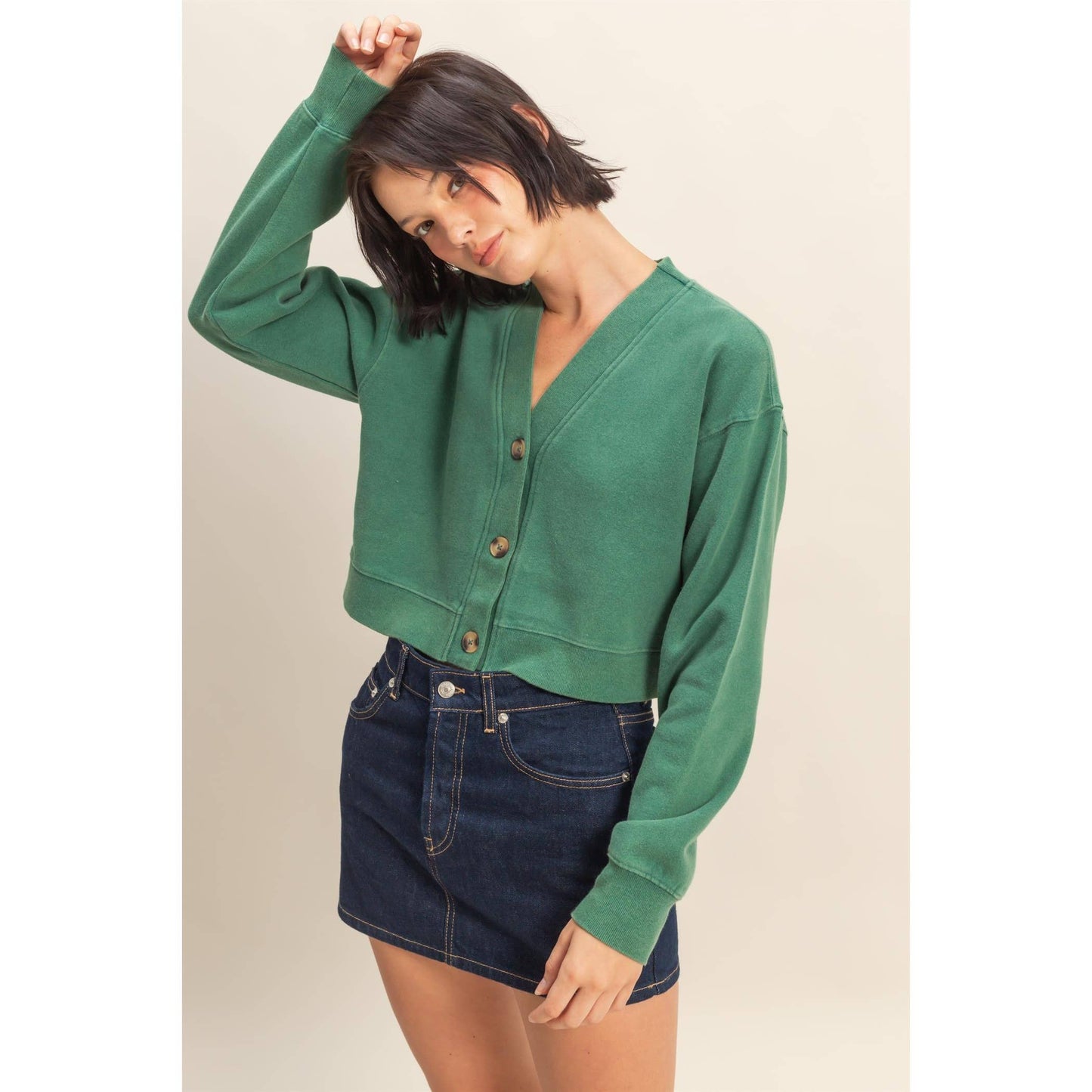 Washed French Terry Cropped Cardigan: DARK TAUPE