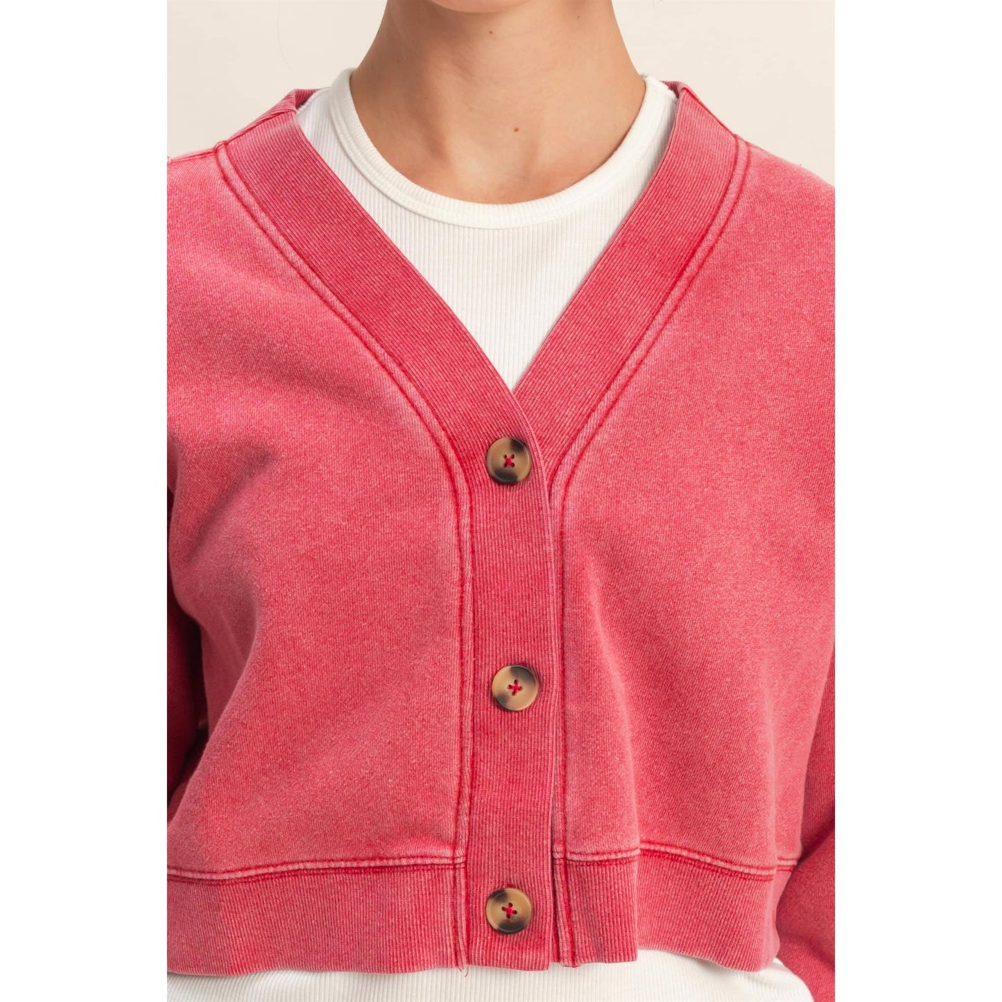 Washed French Terry Cropped Cardigan: DARK TAUPE
