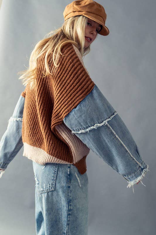 DENIM SLEEVE TWO TONE KNIT SWEATER: TAUPE