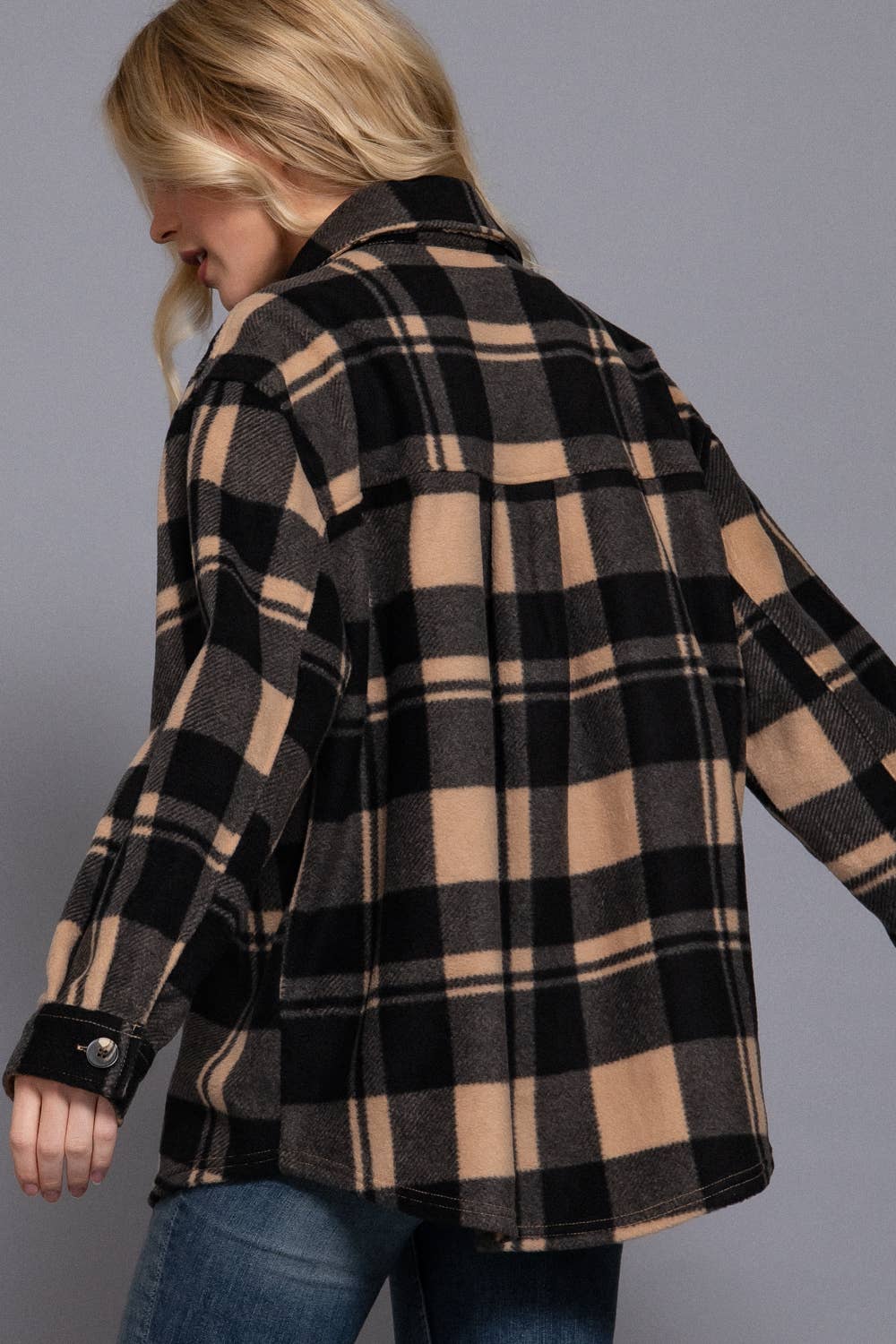 Long Sleeve Check Printed Fleece Shacket | TAUPE BLACK