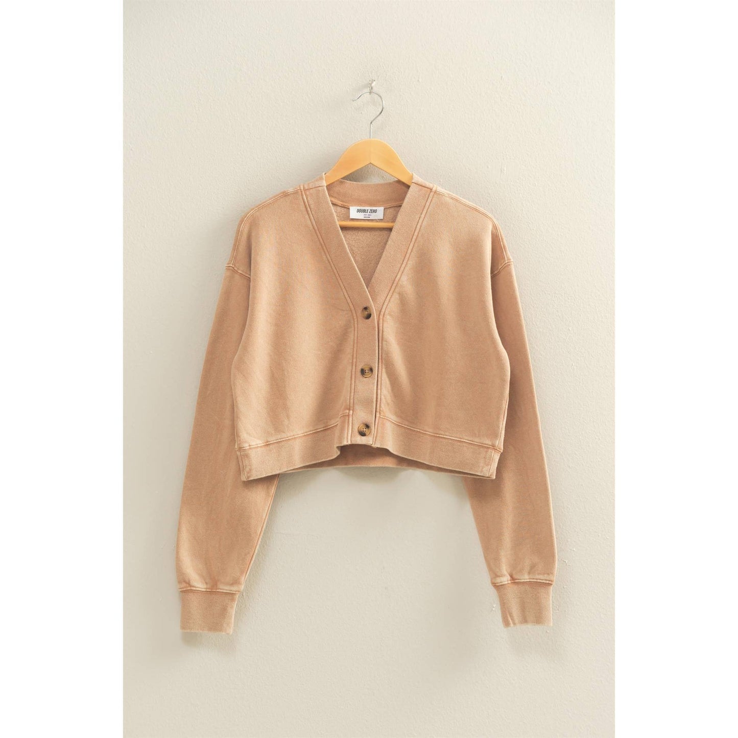 Washed French Terry Cropped Cardigan: DARK TAUPE