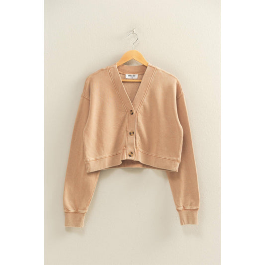 Washed French Terry Cropped Cardigan: DARK TAUPE