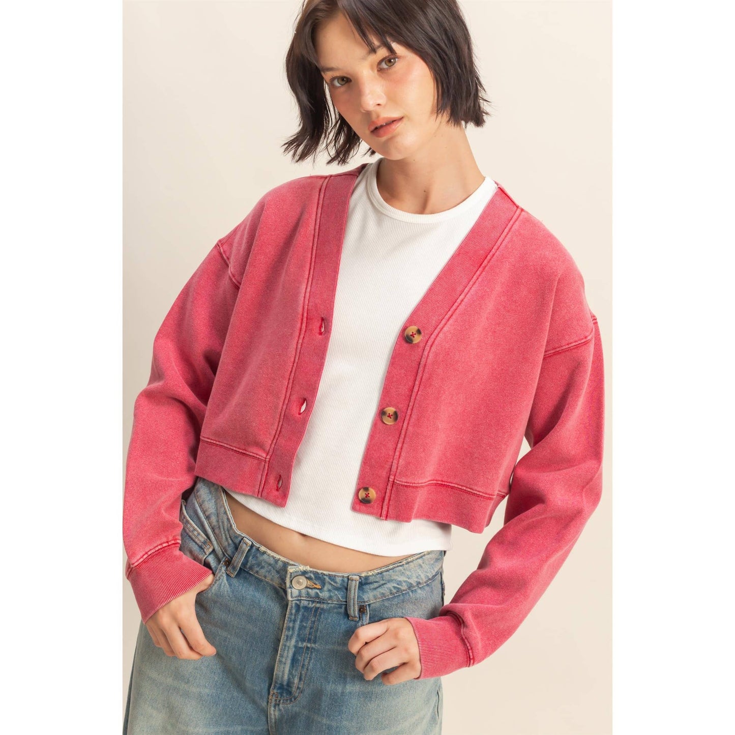 Washed French Terry Cropped Cardigan: DARK TAUPE