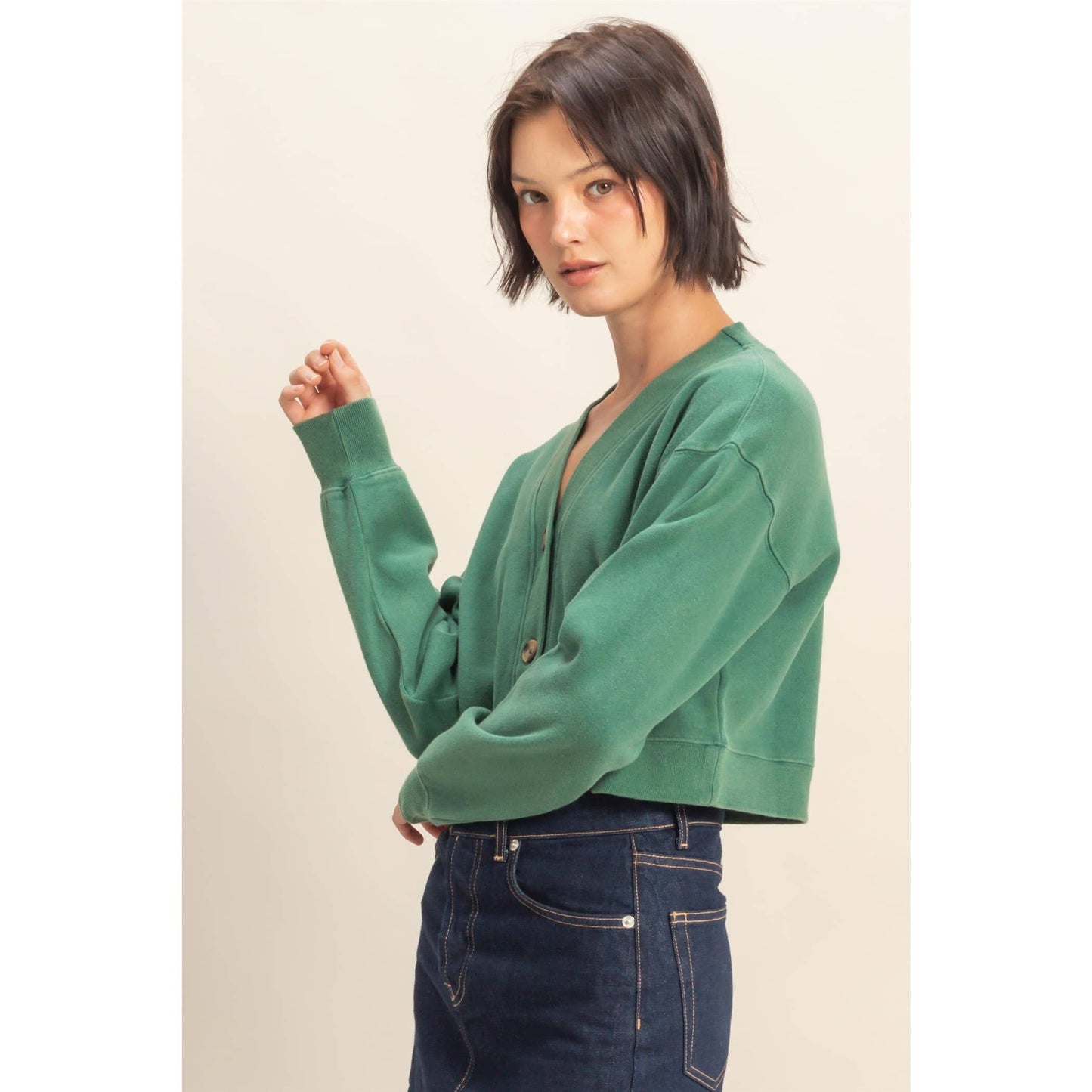 Washed French Terry Cropped Cardigan: DARK TAUPE
