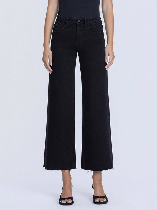 LOVERVET HIGH RISE RAW HEM CROP JET BLACK WIDE LEG JEANS.