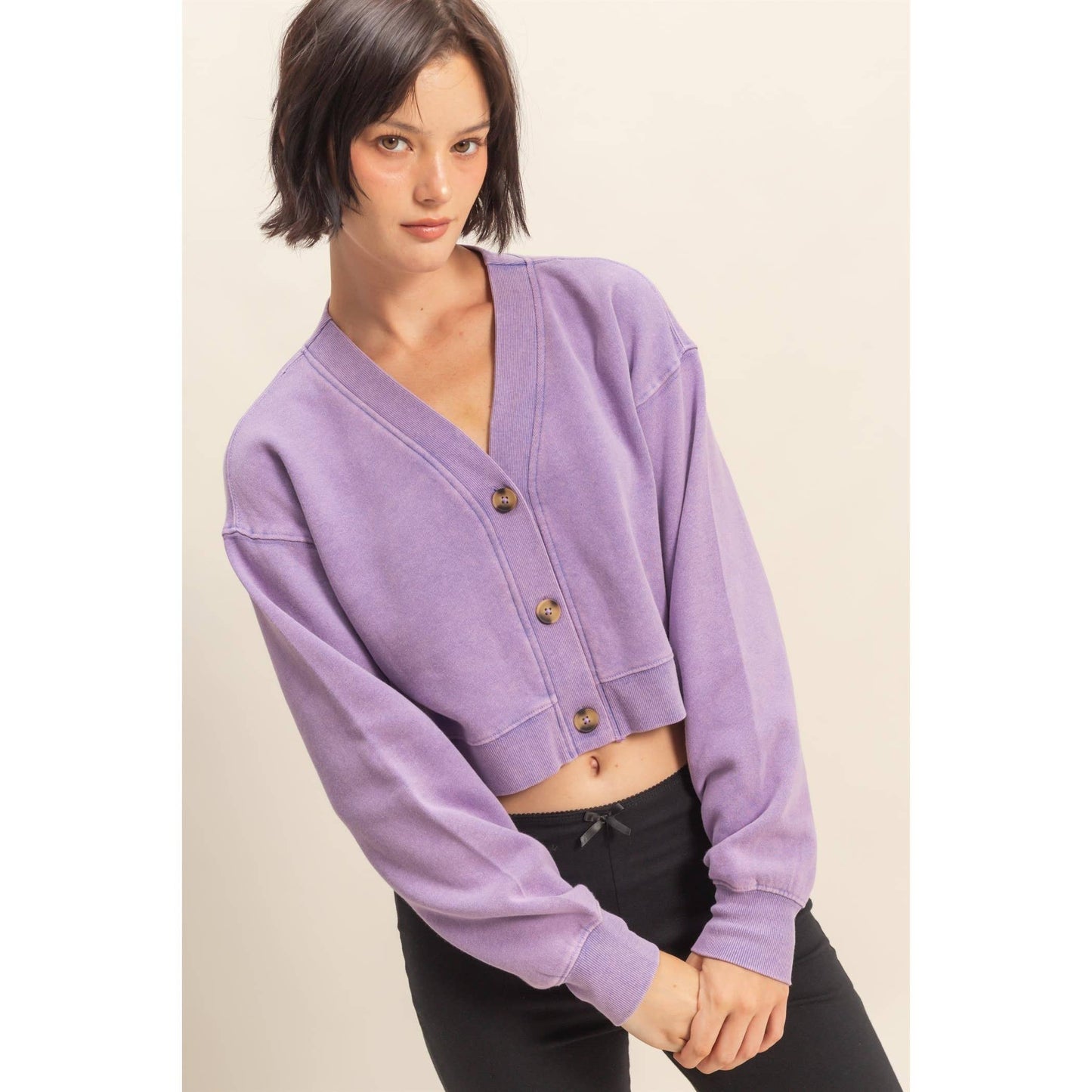 Washed French Terry Cropped Cardigan: DARK TAUPE