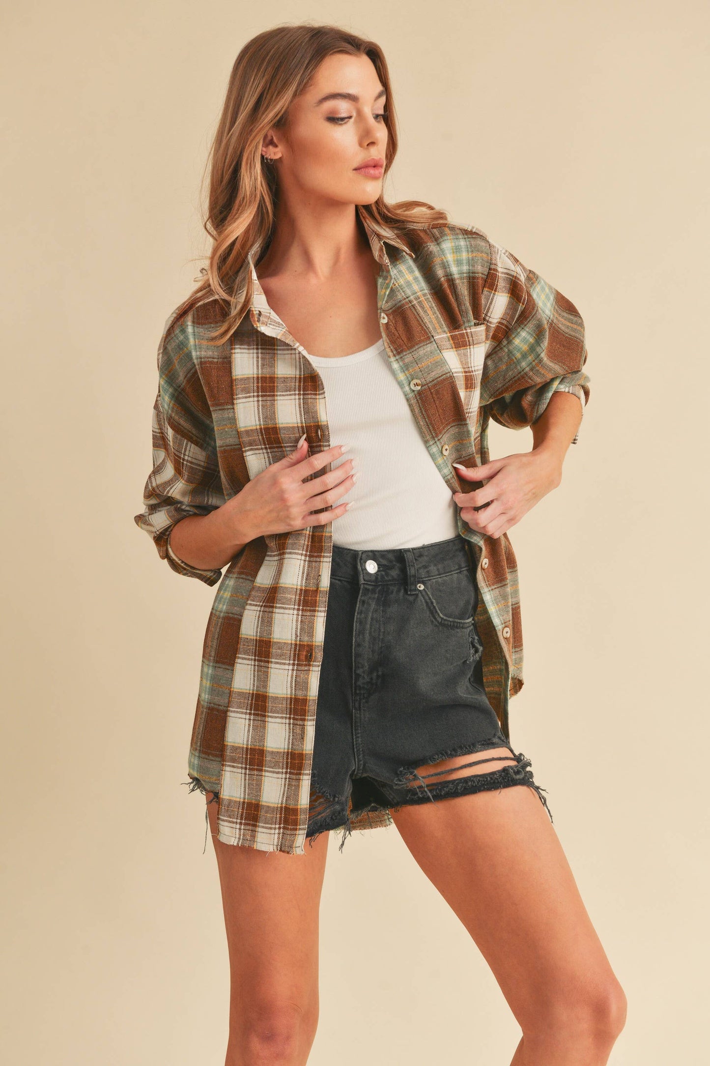 Noelle Shirt: Brown/White/Sage