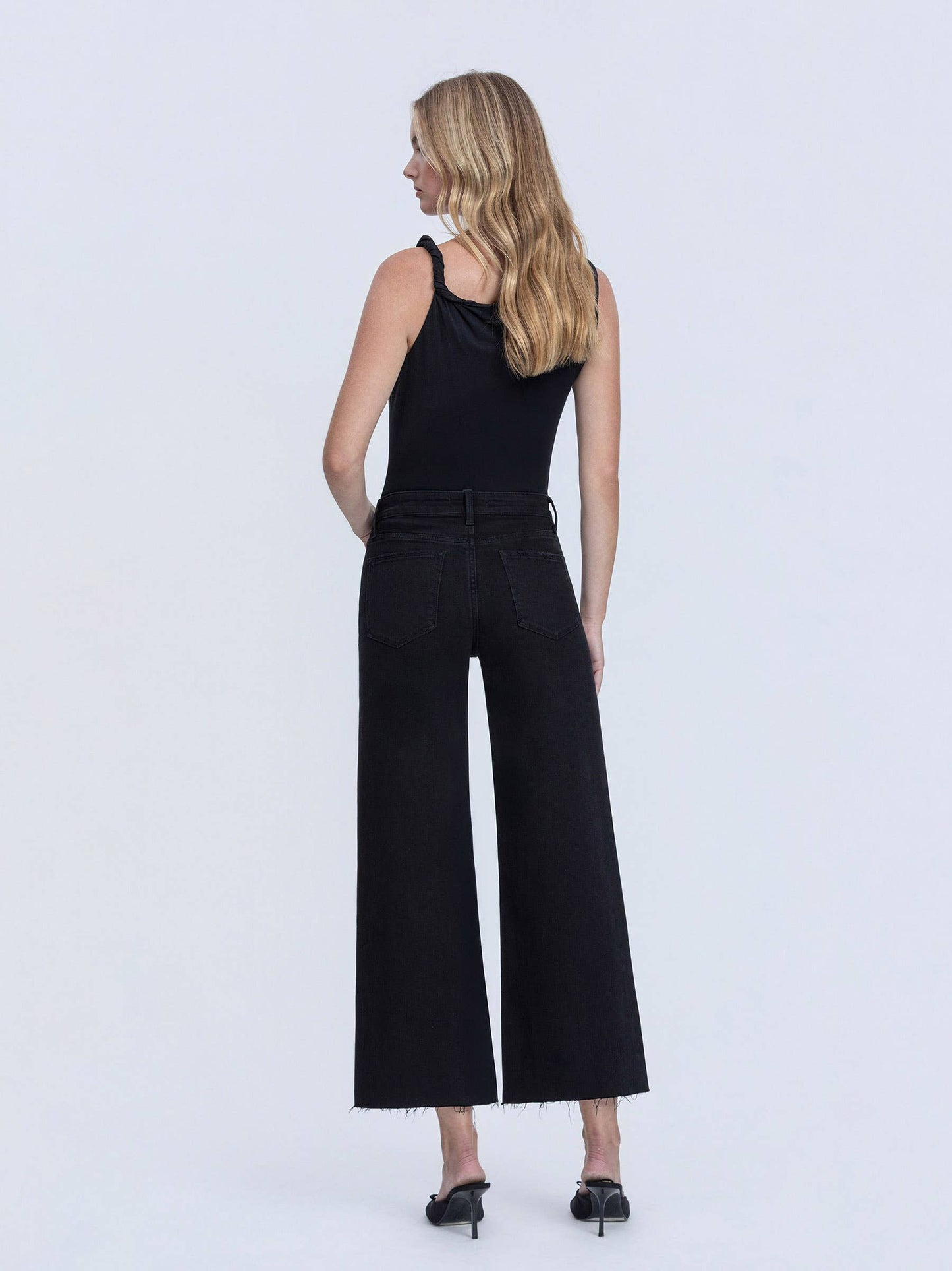 LOVERVET HIGH RISE RAW HEM CROP JET BLACK WIDE LEG JEANS.
