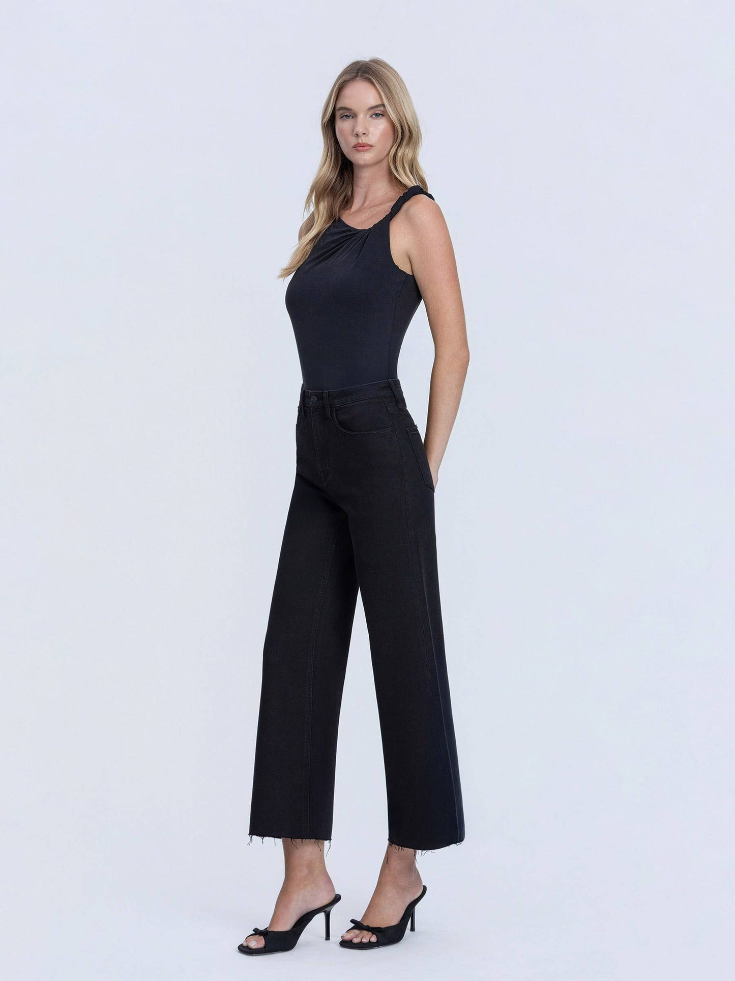 LOVERVET HIGH RISE RAW HEM CROP JET BLACK WIDE LEG JEANS.