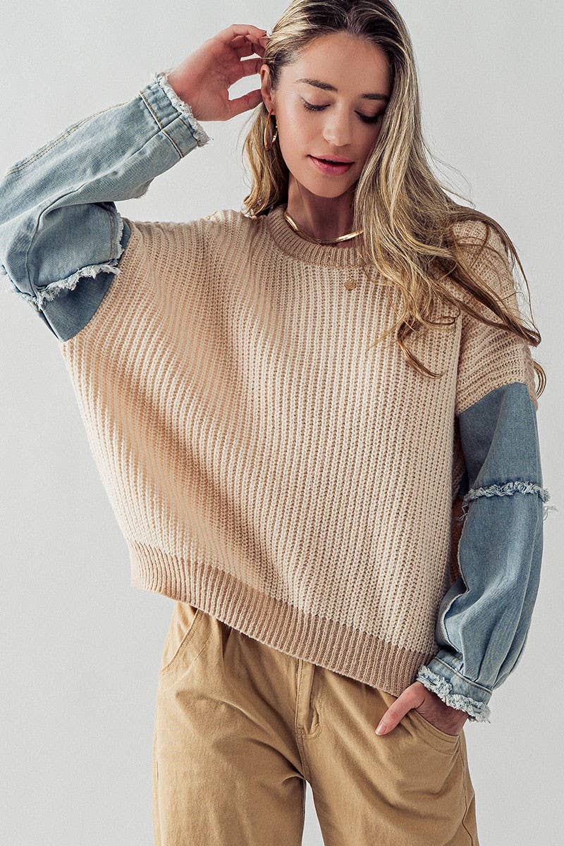 DENIM SLEEVE TWO TONE KNIT SWEATER: TAUPE